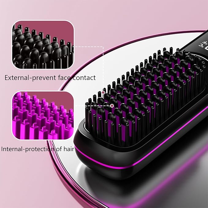 Go Brush Pro Hair Straightener – Cordless Comb with Base Negative Ion, 6000mAh Fast Heating & Portable Travel Design, Rechargeable Brush for Straightening and Curling (White-1Pcs)