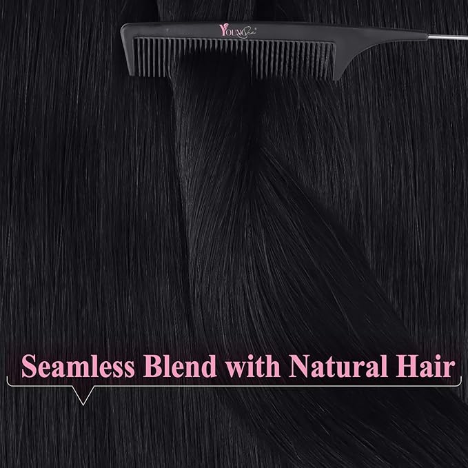 YoungSee Black Tape in Hair Extensions Real Human Hair Invisible Tape in Hair Extensions Human Hair 14Inch Jet Black 50g Tape-in Extension Human Hair Black for Women 20pcs Easy to Apply