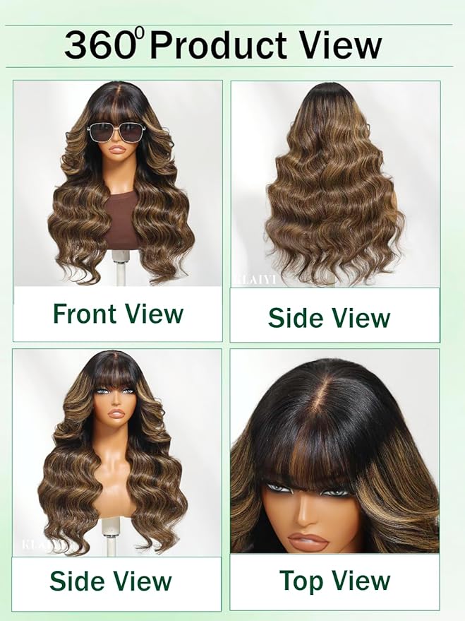 KLAIYI Ombre Brown Loose Body Wave Pre Everything Glueless 13x4 HD Lace Front Human Hair Wig with Natural Bang Highlight Balayage Brown Precut Lace Pre Plucked Bye Bye Knots Drawstring Wig 180% 24Inch