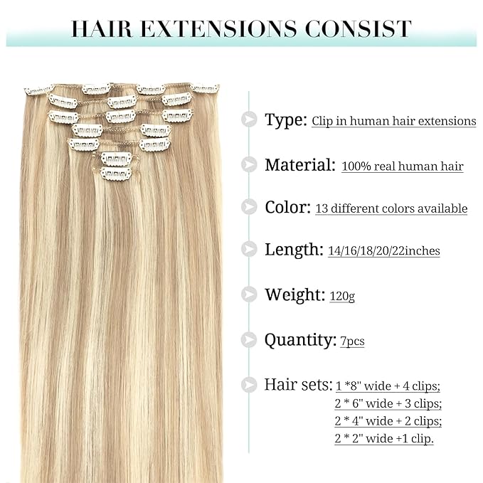 DOORES Clip in Human Hair Extensions Balayage Dark Blonde Highlighted Bleach Blonde 120g 7pcs 18 Inch Straight Thick Hair Extensions