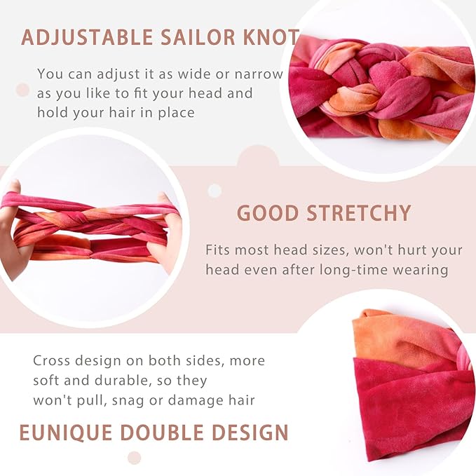 Vercret Headbands for Women Tie Dye Sailor Knot Headband Wide Elastic Adjustable Braided Hair Bands Non Slip Boho Stretchy Turban Headwrap Yoga Workout,3 PCS