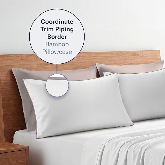 Kickoff Viscose Bamboo Pillowcase, Standard, Set of 2, 100% Organic Hidden Zippered Viscose Bamboo Pillow Case Standard Size, Cooling Pillow Cover for Hot Sleepers (20"x26", Trimmed, Grey Mist)