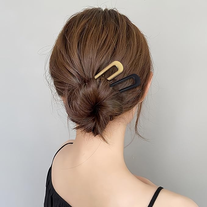 6Pcs Metal French Hair Pins for Women U Shape Sticks 3.9 Inch Vintage Fork for Hairstyle Accessories(Black/Gold)