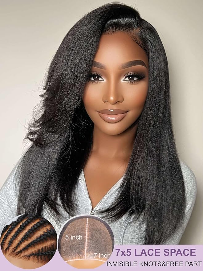 Yiroo Light Yaki Straight Wig Human Hair with Side Swept Bangs,7x5 Lace Front Bye Bye Knots Glueless Wig Human Hair Pre Plucked Pre Cut,Elastic Drawstring Wear and Go Wig for Women 150% Density 14Inch