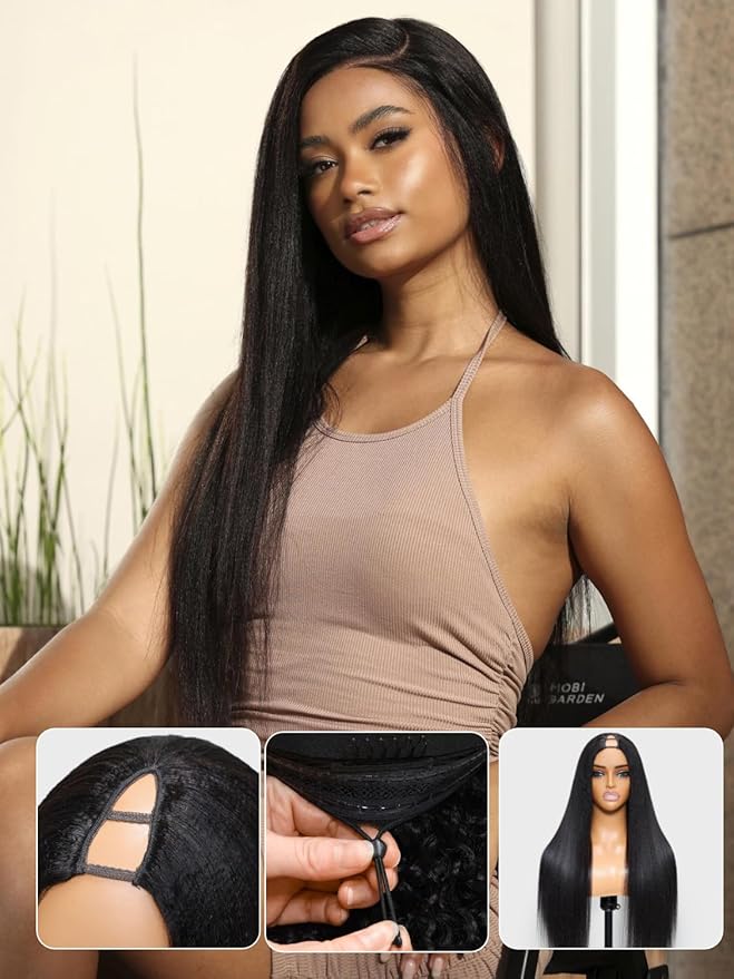 YIROO EasiContour V Part Wigs Human Hair Yaki Straight Human Hair Wigs No Leave Out Glueless Upgraded U Part Wigs for Women V Shape Clip in Vpart Wig No Sew in No Glue Beginner Friendly 18 inch