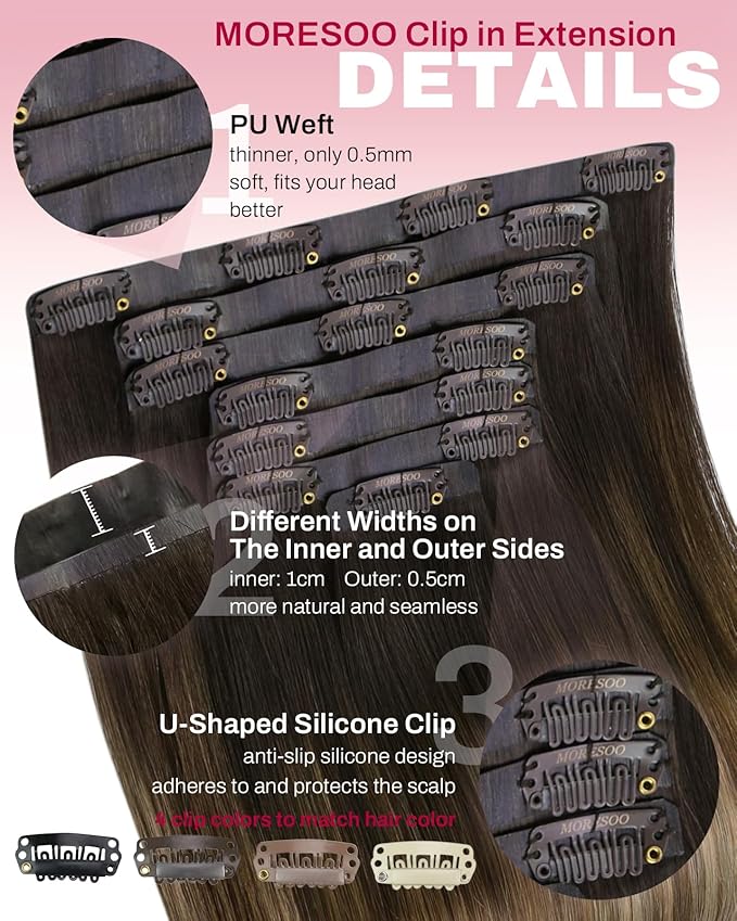 Moresoo Seamless Clip in Hair Extensions Human Hair Balayage Brown to Blonde Human Hair Extensions Clip ins Dark Brown to Light with Dark Honey Blonde Invisible for Women Thick 135g/7pcs 20in