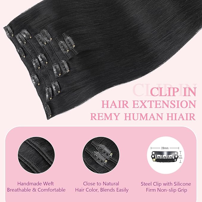 PINKPEARL Clip in Hair Extensions Real Human Hair #1 Jet Black Human Hair Extensions Clip ins 20 inch Extensions Human Hair Clip 120g 7pcs Straight Thick Natural Human Hair(#1-20)