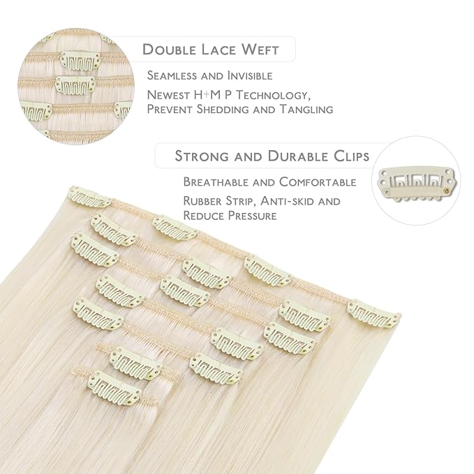 WENNALIFE Clip in Hair Extensions, 22 Inch 120g 7pcs Real Human Hair, White Blonde Remy Hair Extensions Clip Ins Double Weft