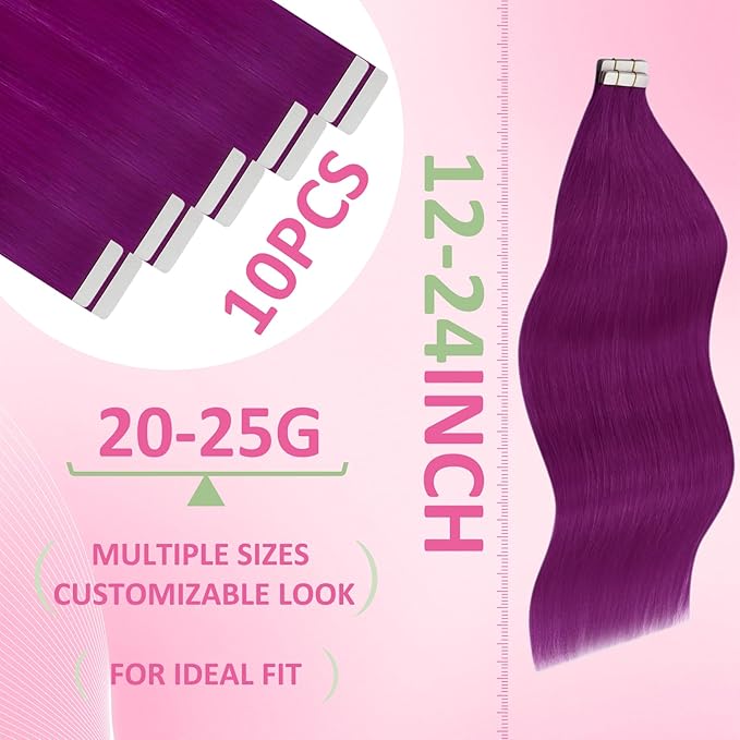 YoungSee Tape in Extensions Human Hair Purple Invisible Tape in Hair Extensions Purple 10pcs 25g Color Human Hair Tape in Extensions 14In Short-Hair for Cosplay