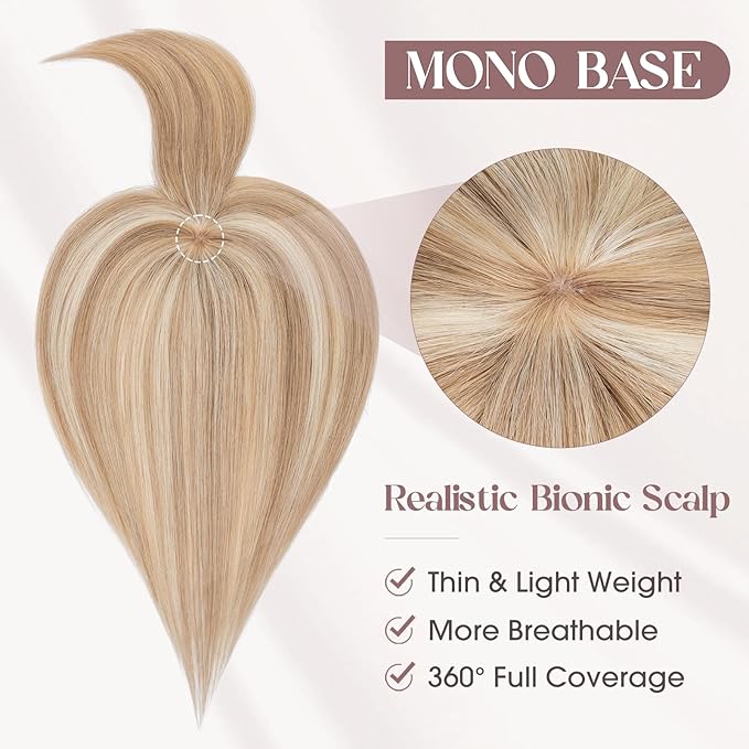 MY-LADY Human Hair Toppers for Women Real Human Hair with Bangs Thin 8.5 * 8.5CM Mono Base Clip in Remy Hairpieces Light Weight 14 Inch Golden Brown Mixed Bleach Blonde