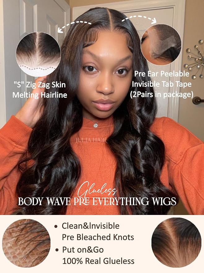 Julia Hair Body Wave Glueless Lace Front Wigs Human Hair 13x4 Pre Cut Lace Frontal Wig Pre Plucked with Bleached Knots Pre Everything Put on and Go 180% Density Ready Wear Wigs Natural Color 18 Inch