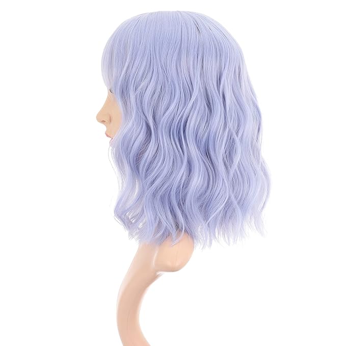 FAELBATY Light Blue Wave Bob Wigs With Bangs Synthetic Cosplay Wig for Women Girls Shoulder Length Costume Wigs Mixed Blue(12" Light Gray Blue)