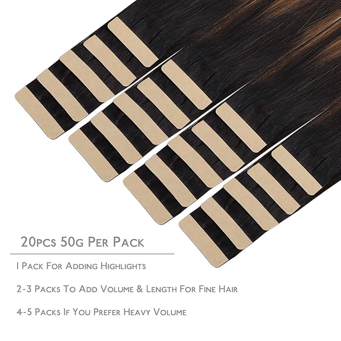 WENNALIFE Tape in Hair Extensions Human Hair, 20pcs 50g 14 inch Natural Black Mixed Chestnut Brown Remy Hair Extensions Straight Human Hair Tape in Extensions Skin Weft Tape Extensions Human Hair