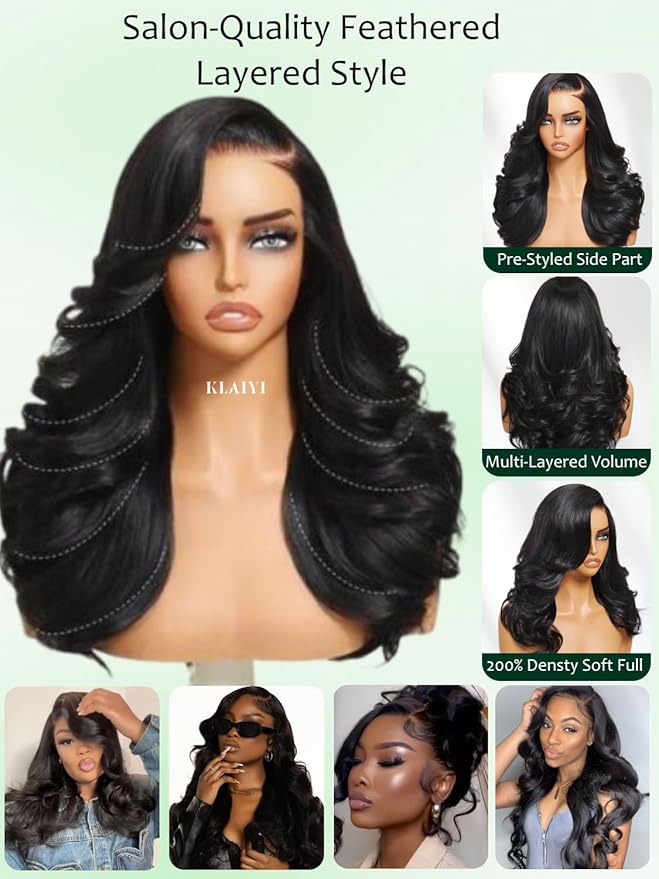 KLAIYI Pre Everything Glueless Layer Side Part Loose Body Wave 13x4 Lace Front Wigs Human Hair Drawstring Curtain Bangs Face framing Pre Bleached Knots Pre Plucked 3S Ready to Put On and Go Wig 24Inch