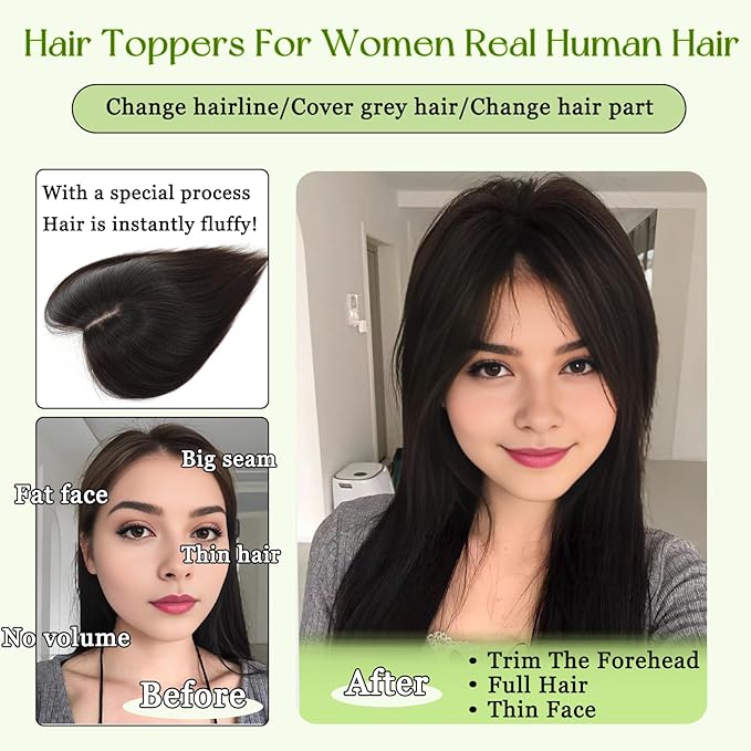 Hair Toppers for Women Real Human Hair, 360°3D Bangs Clip Human Toppers for Women with Thinning hair Realistic Scalp Line (Black, 3D Side Bangs (11 * 7))
