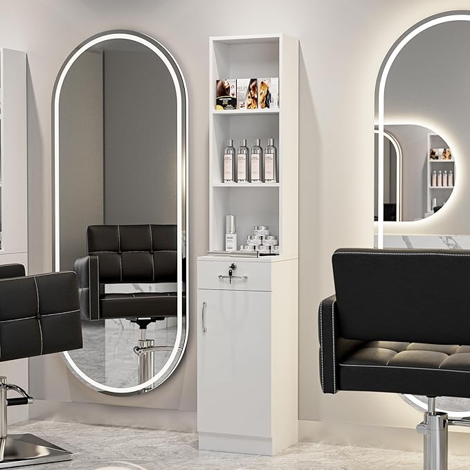 Wall Mount Salon Stations for Hair Stylist, Hair Salon Storage Cabinet, Beauty Barber Station with Lockable Drawer, Shelves, Storage Cabinet, White