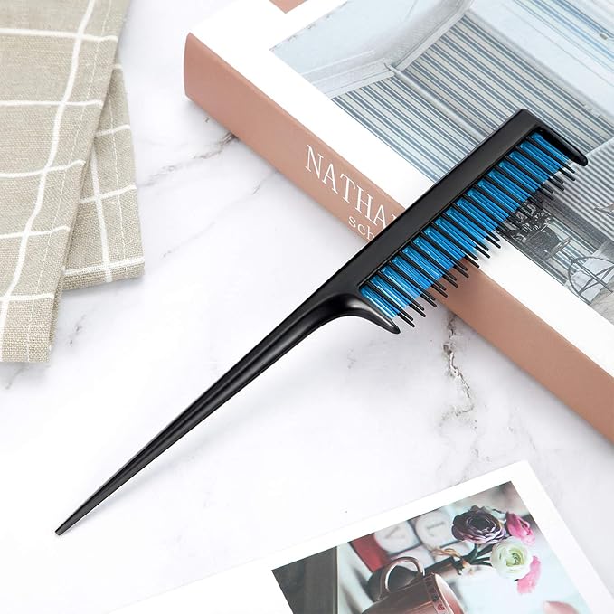 Leinuosen 3 Pcs Triple Teasing Comb for Women Plastic Rat Tail Comb Heat Resistant Pintail Tease Layer Tool for Thick Fine Hair Styling Backcombing Volume Structure(Black and Blue)