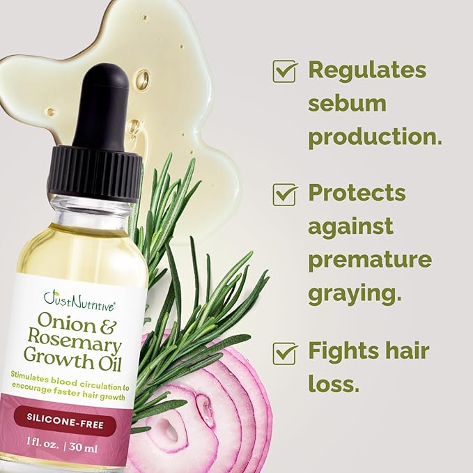 Just Nutritive Rosemary & Onion Hair Growth Oil Treatment for Thinning, Breakage, Scalp Health, Collagen Boost, Antioxidants, Omega-3 & 6 Fatty Acids for Stronger, Thicker Hair - 1 oz