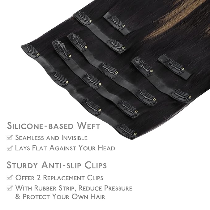 WENNALIFE Seamless Clip In Hair Extensions, 16 Inch 130g 7pcs Natural Black Mixed Chestnut Brown Hair Extensions Clip in Human Hair Invisible PU Skin Weft Natural Remy Human Hair Extensions