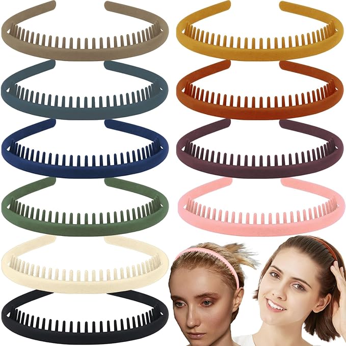 LAPOHI 10 PCS Non Slip Fashion Effortless Plastic Headbands with Teeth Comb Skinny Hair Accessories Bands for Women Men Teen Girls, Short Teeth Morandi