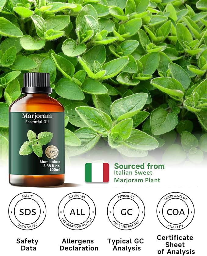 Pure Marjoram Essential Oil, Mumianhua Natural Herbaceous Oil for Bedroom Serenity & Natural Shield, Aromatherapy for Evening Ease, Outdoor Protection, Diffuser, Massage & Skin Care, 3.38 Fl Oz