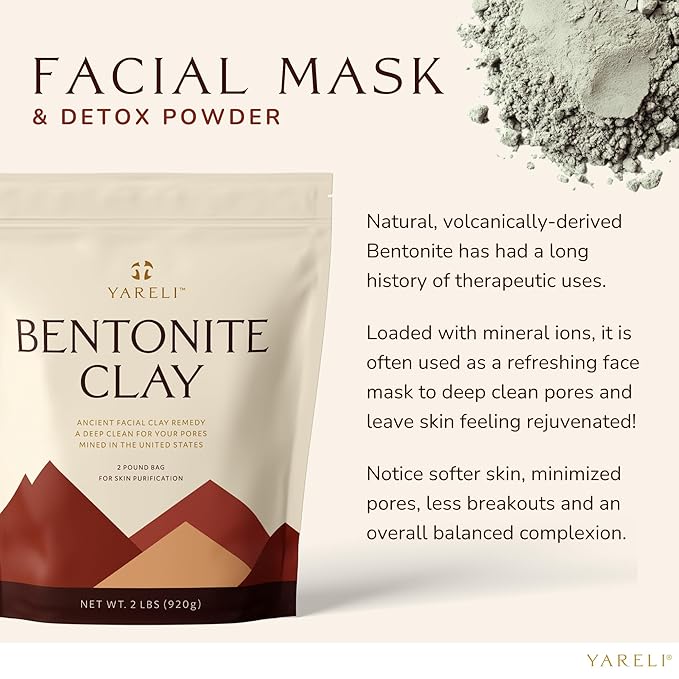 YARELI Bentonite Clay Powder Facial Mask & Cleansing Bath, Pure Indian Healing Clay, 2lb (32oz)