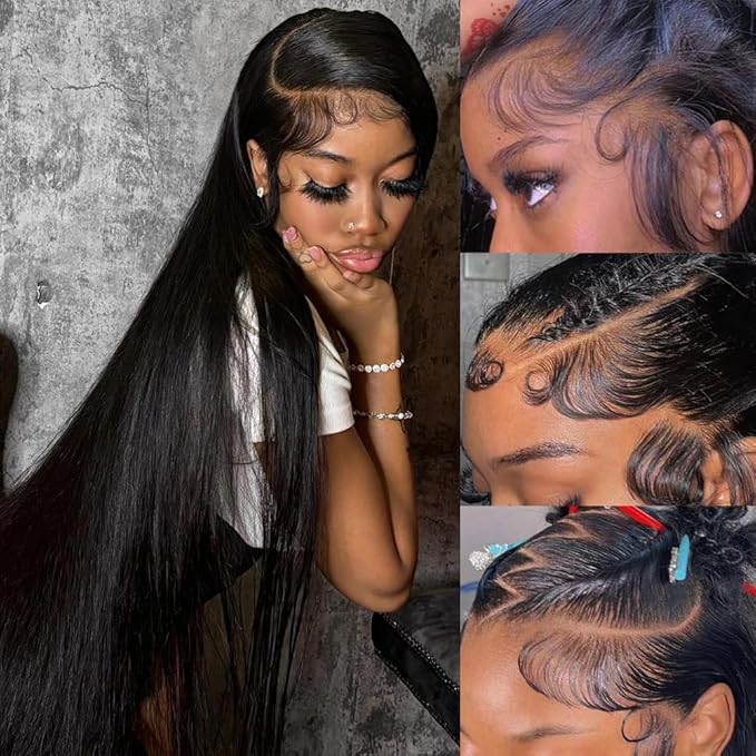 34 Inch 13x6 HD Transparent Straight Lace Front Wigs Human Hair Pre Plucked 200 Density Wigs for Women Gluelsss Wigs Human hair with Baby Hair Human Hair Wig