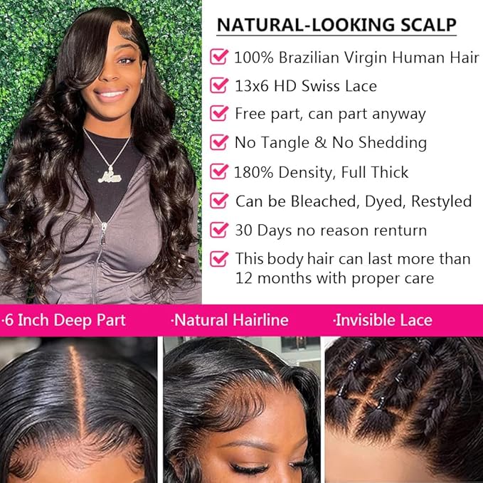 32 Inch 13x6 Body Wave Lace Front Wigs Human Hair Pre Plucked 13X6 HD Lace Frontal Wigs Human Hair 180% Density Glueless Wigs for Black Women Brazilian Virgin Body Wave Wig Natural Color