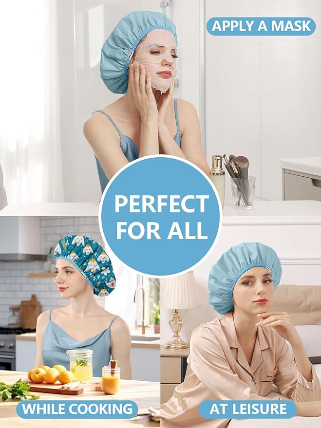 Years Calm Shower Caps For Women Reusable Waterproof，Pattern And Solid Color Dual-Layer Design For Dual-Layer Usable，Protects Hair In Shower, Spa, Cooking, Clean & Travel (Bell Orchid, One Size)