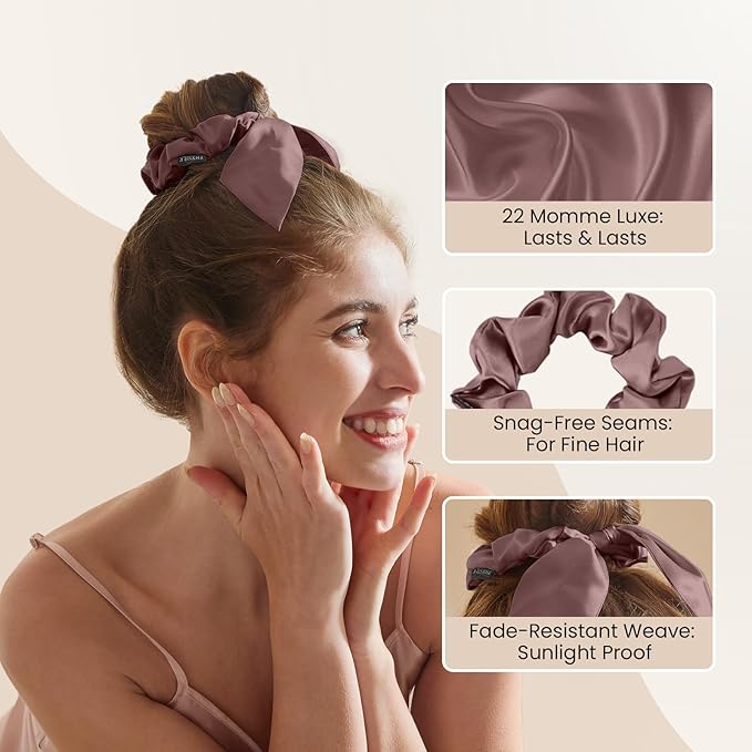 THXSILK 100% Mulberry Silk Bow Scrunchies 3-Pack, 22 Momme Mulberry Silk Hair Ties for Women, Cute Bunny Ear No Damage Ponytail Holders, Fashion Hair Accessories for Girls(M, Purple)