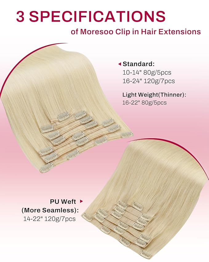 Moresoo Golden Platinum Blonde Clip in Hair Extensions Real Human Hair Seamless Pu Weft Real Hair Extensions Clip in Remy Human Hair Blonde for Women Short Invisible 120g/7pcs 14 inch