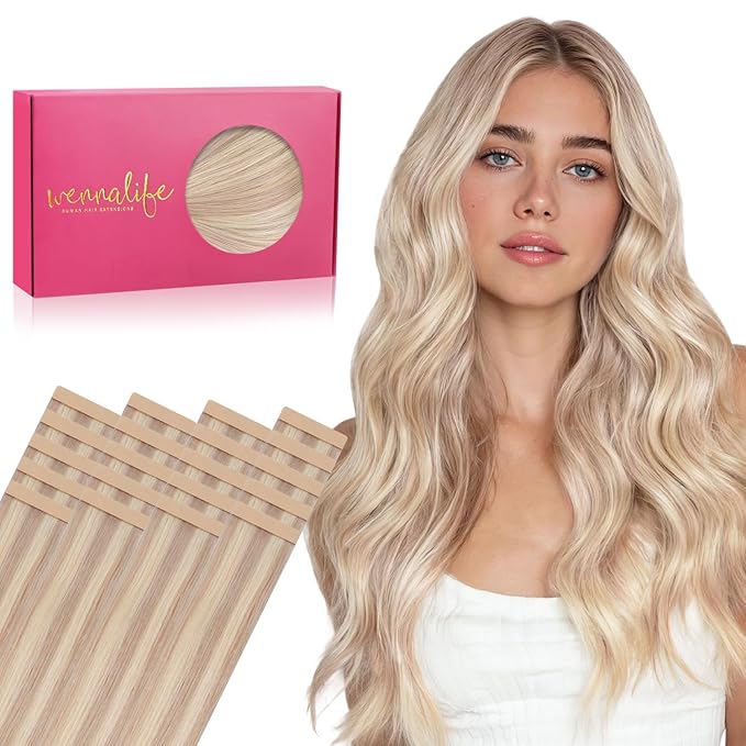 WENNALIFE Tape in Hair Extensions Human Hair, 20pcs 50g 18 inch Balayage Light Wheat Platinum Blonde Remy Hair Extensions for Women Tape Ins Straight Extensiones De Cabello Humano Skin Weft