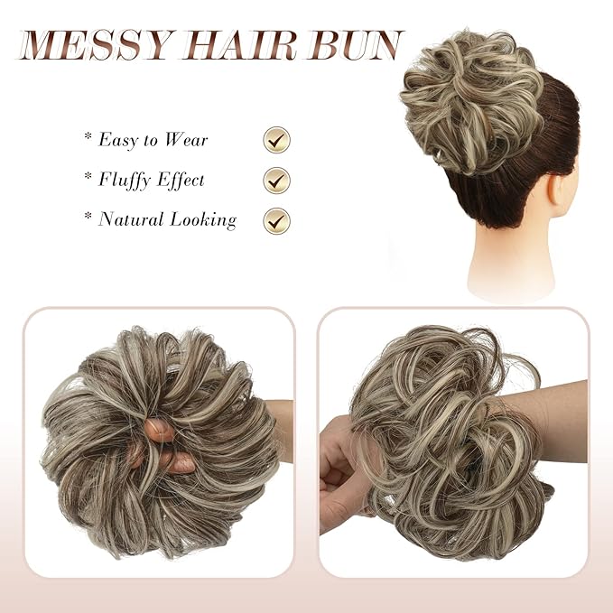 FESHFEN Messy Bun Hair Piece - Elastic Wavy Curly Hair Bun Scrunchies Extensions Synthetic Chignon Hairpieces for Women Girls, Golden Brown & Bleach Blonde 1.5 oz