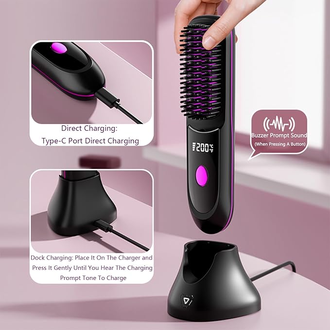 Go Brush Pro Hair Straightener – Cordless Comb with Negative Ion, 7400mAh Fast Heating & Portable Travel Design, Rechargeable Brush for Straightening and Curling (White-1Pcs)