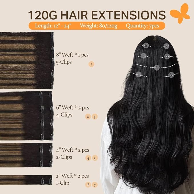 DOORES Real Human Hair Extensions, Balayage Natural Black to Chestnut Brown 12 Inch 80g 7pcs, Remy Clip in Hair Extensions Straight