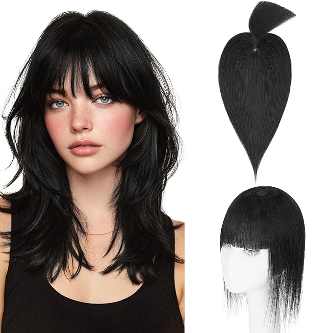 Hairro Mono Hair Toppers with Bangs, 3.4" x 3.4" Mono Base 100% Real Human Hairpieces for Women, 150% Density Clips In Topper for Greyish Thinning Hair, 16 Inch Jet Black