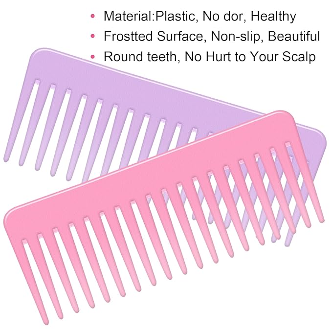 Wide Tooth and Large Detangling Comb Set for Long, Curly, Wet Hair - No Handle Styling, Shampoo & Detangling Combs (2 Pieces - Pink, Purple)
