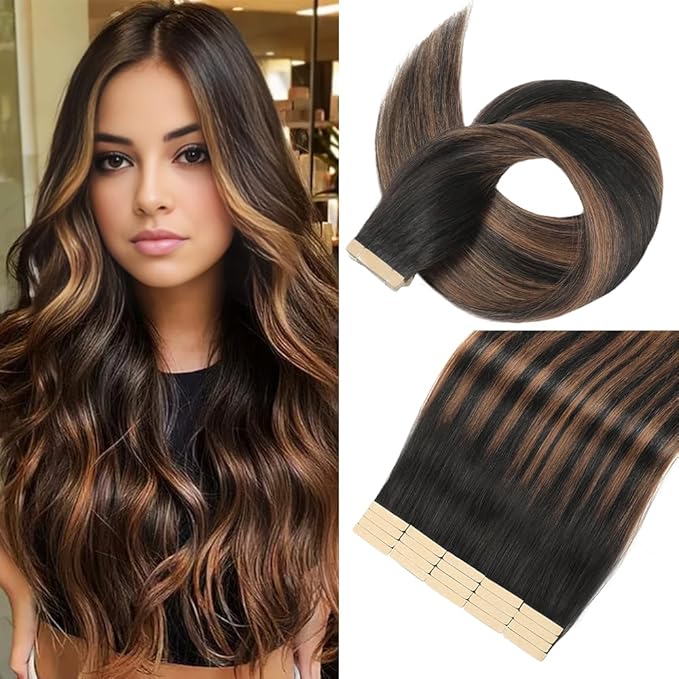 Natural Black Mixed Chestnut Brown Tape in Hair Extensions Human Hair,14 Inch Human Hair Tape in Extensions 20Pcs Tape Ins Human Hair for Women Seamless Tape in Hair Extensions Real Human Hair