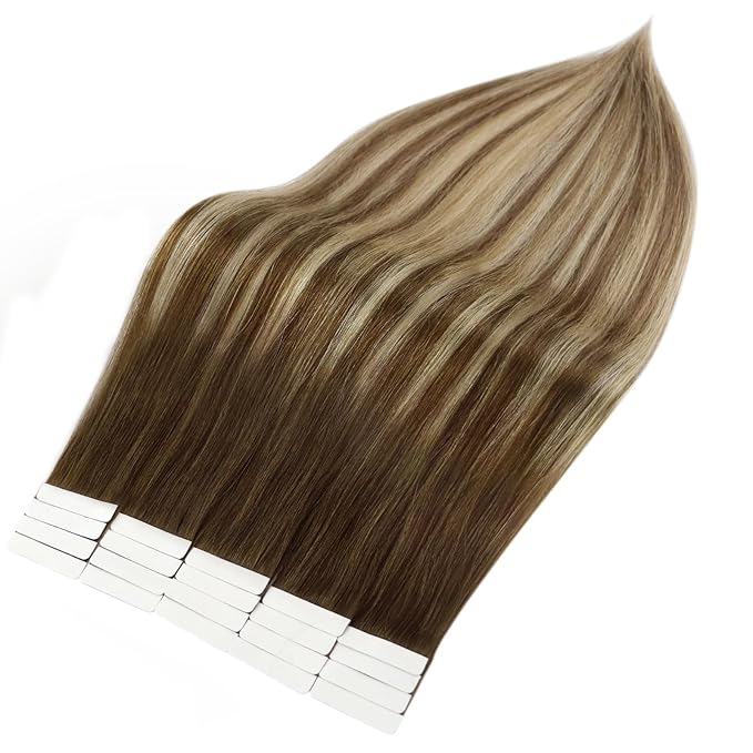 Full Shine Seamless Tape In Hair Extensions Human Hair Balayage Color Ombre Brown And Blonde 4/27/60/8 Soft Natural Hair Extensions Tape In 20 Inch Double Sided 50 Gram 20 Pcs Add Length