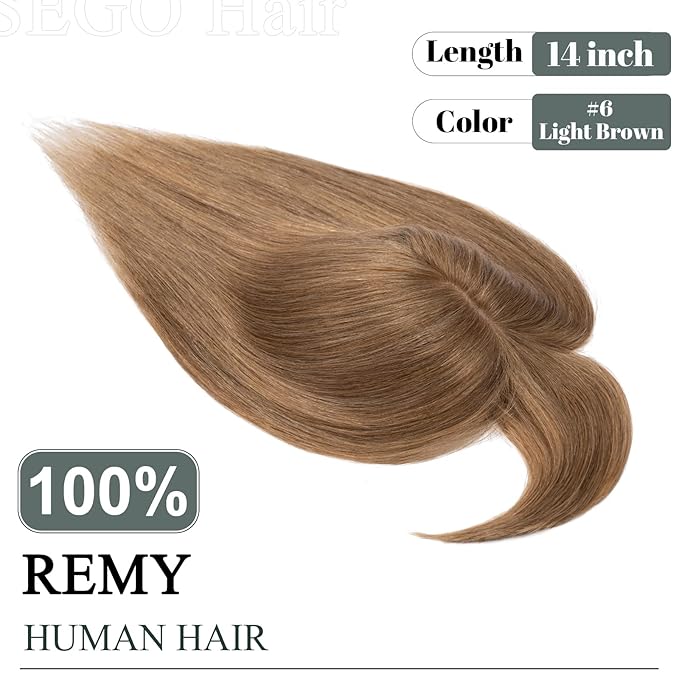 SEGO Hair Toppers for Women Real Human Hair with Thinning Hair, Toppers Hair Pieces Clip in Toppers Straight Hair Pieces with Front Bangs 150% Density Silk Base -14 Inch #6 Light Brown