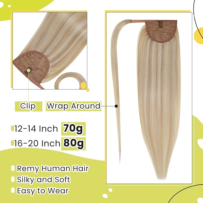 RUNATURE Ponytail Extension Human Hair Blonde 12 Inch 70g Short Real Hair Ponytail Extension Ash Blonde Highlight Bleach Blonde Human Hair Ponytail Straight Wrap Clip in Pony Tails Extension
