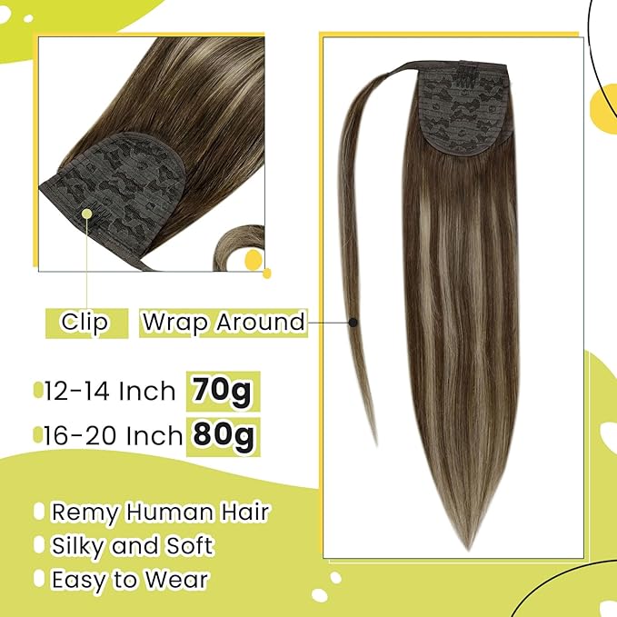 RUNATURE Human Hair Ponytail Extension, Balayage Ponytail Extension Human Hair, Straight Remy Hair Extensions with Magic Paste, 18 Inch 80g #4/27/4 Medium Brown with Honey Blonde Balayage