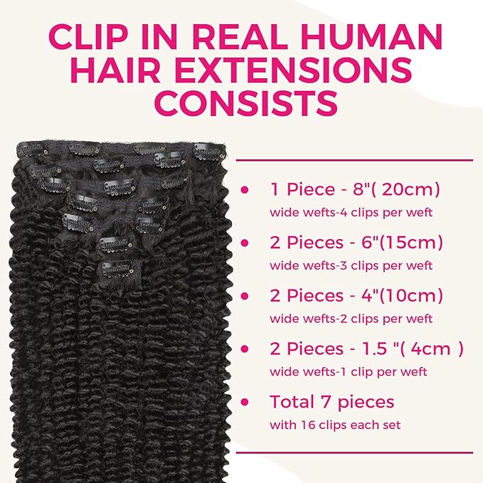 Lashey Hair Extensions Human Hair Clip in Extensions Kinky Curly 120g 7pcs Clip in Real Hair Extensions 18 Inch Natural Black Hair Extensions Real Human Hair for Black Women