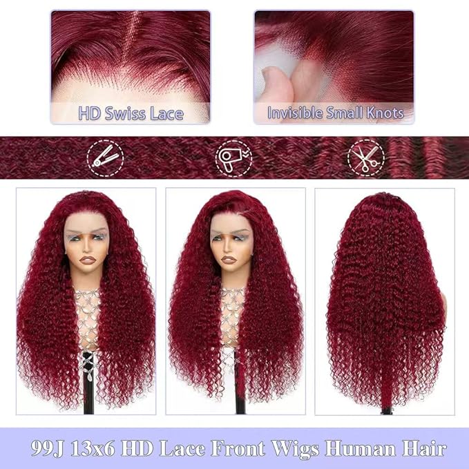 30 Inch 99j Burgundy Deep Wave Lace Front Wigs Human Hair 99j 13x6 HD Lace Front Wigs Human Hair 200 Density Glueless Deep Wave Wig Pre Plucked Red Colored Curly Wig for Women