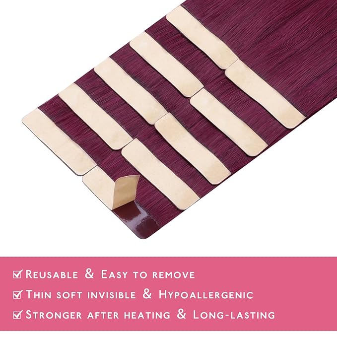 WENNALIFE Tape in Hair Extensions Human Hair Light Burgundy Tape in Extensions, 10pcs 25g 18 inch Remy Invisible Tape Ins Straight Colored Soft Real Human Hair Tape in Extensions Refill Set Extensions