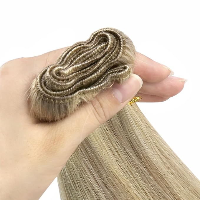 YoungSee Human Hair Sew in Extensions Blonde Highlight Hair Extensions Sew in Dark Ash Blonde Highlighted Light Blonde Weft Hair Extensions Human Hair Highlight Remy Hair 22Inch 100G