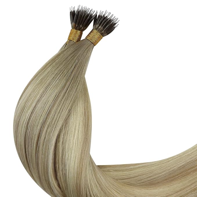 YoungSee Nano Ring Hair Extensions Ombre Blonde Nano Beads Human Hair Extensions Balayage Ash Blonde Ombre Platinum Blond Nano-Tip Hair Extension Human Hair Nano Remy Hair Extension 50G 50S 14Inch