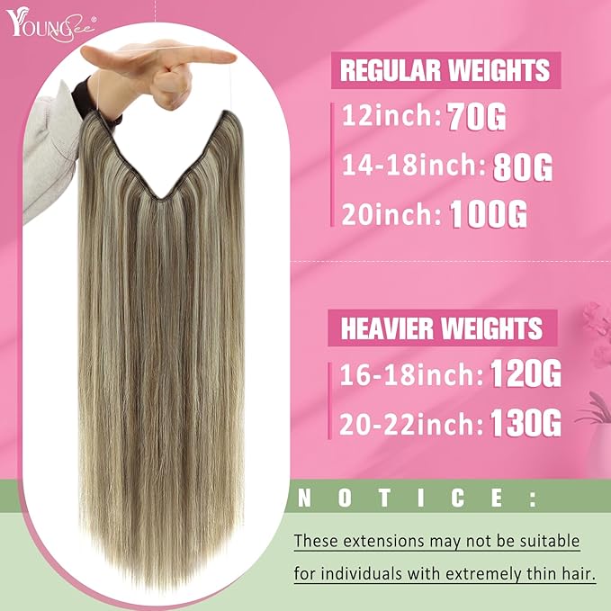 YoungSee Wire Hair Extensions Highlight Invisible Wire Hair Extensions Real Human Hair Highlights Light Brown with Platinum Blonde Fish Line Hair Extension for Short Hair 70G 12Inch