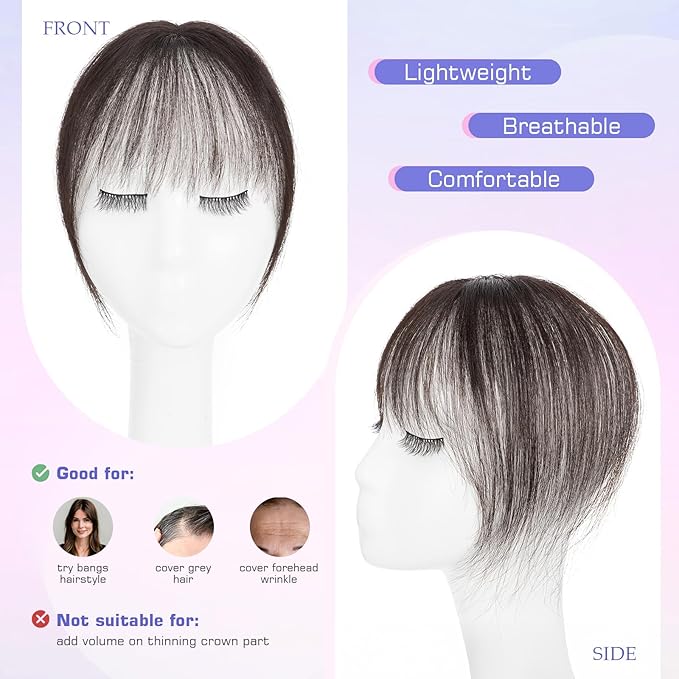 Hairro Clip On Bangs Human Hair Bangs Hair Clip In Bangs 3D 360°Cover Topper With Bangs Wispy Air Bangs Hair Pieces Fake Bangs For Women 8 Inches 10g #1B Natural Black