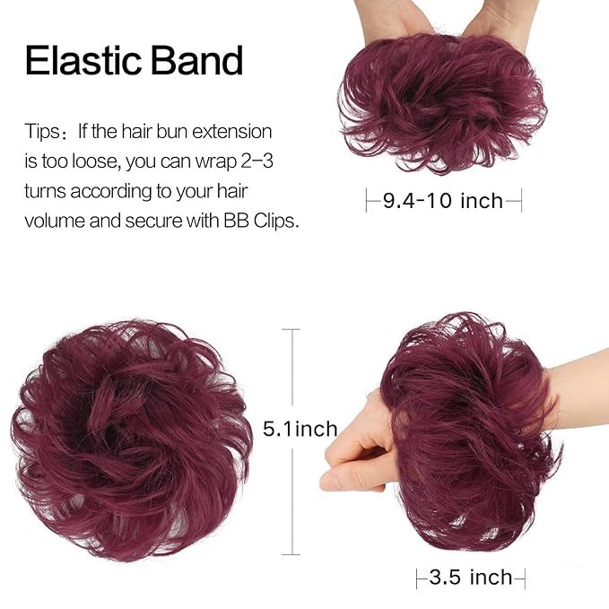 FESHFEN Human Messy Buns - 100% Human Hair Bun Real Scrunchies Hair Pieces Ponytail Extensions Wavy Tousled Updo Chignon Hairpieces for Women, Wine Red